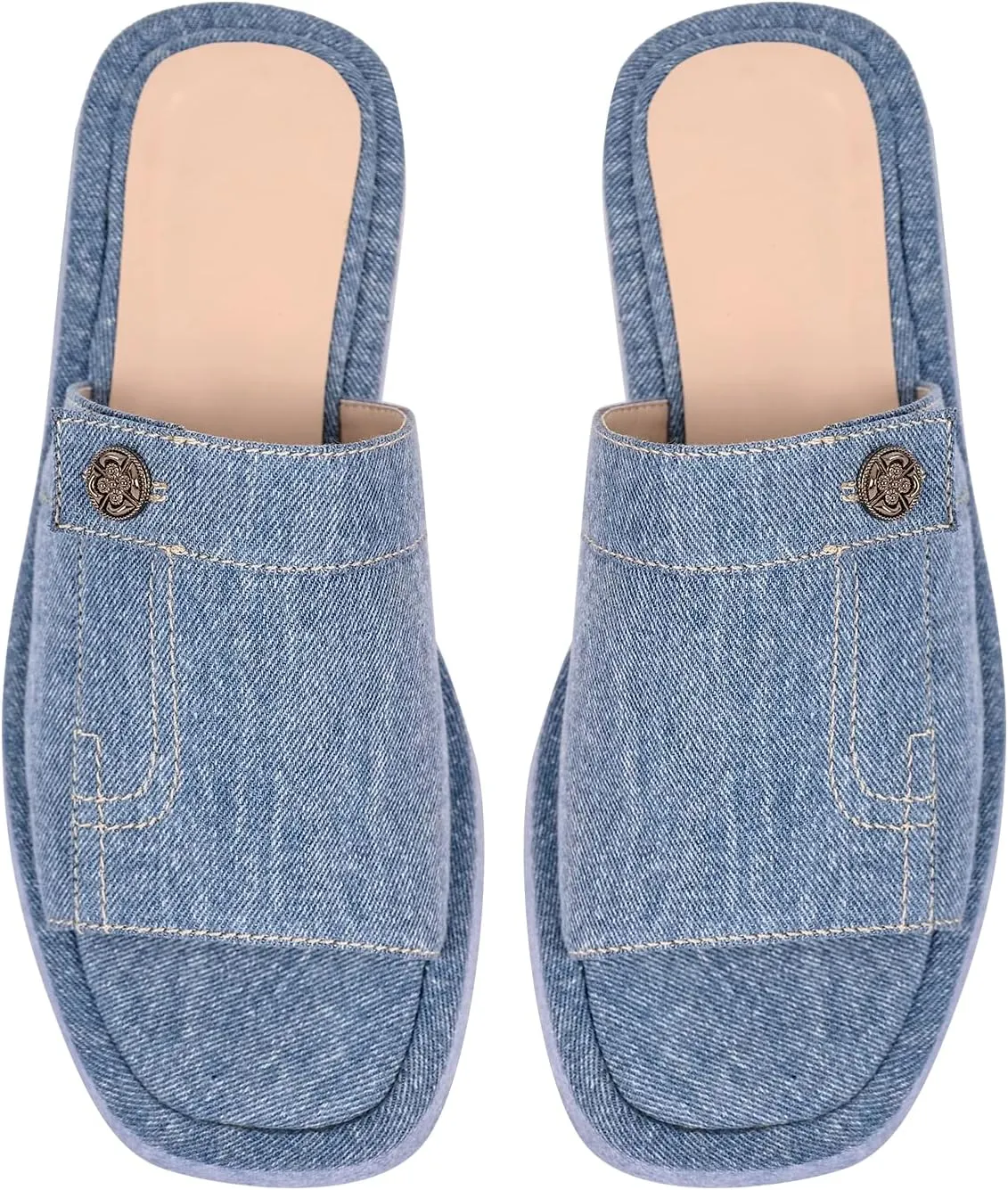 richealnini Slip On Slippers Comfort Low Platform Heels Open Square Toe Denim Slide Sandals Outside Dress Shoes