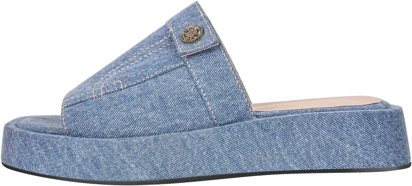 richealnini Slip On Slippers Comfort Low Platform Heels Open Square Toe Denim Slide Sandals Outside Dress Shoes