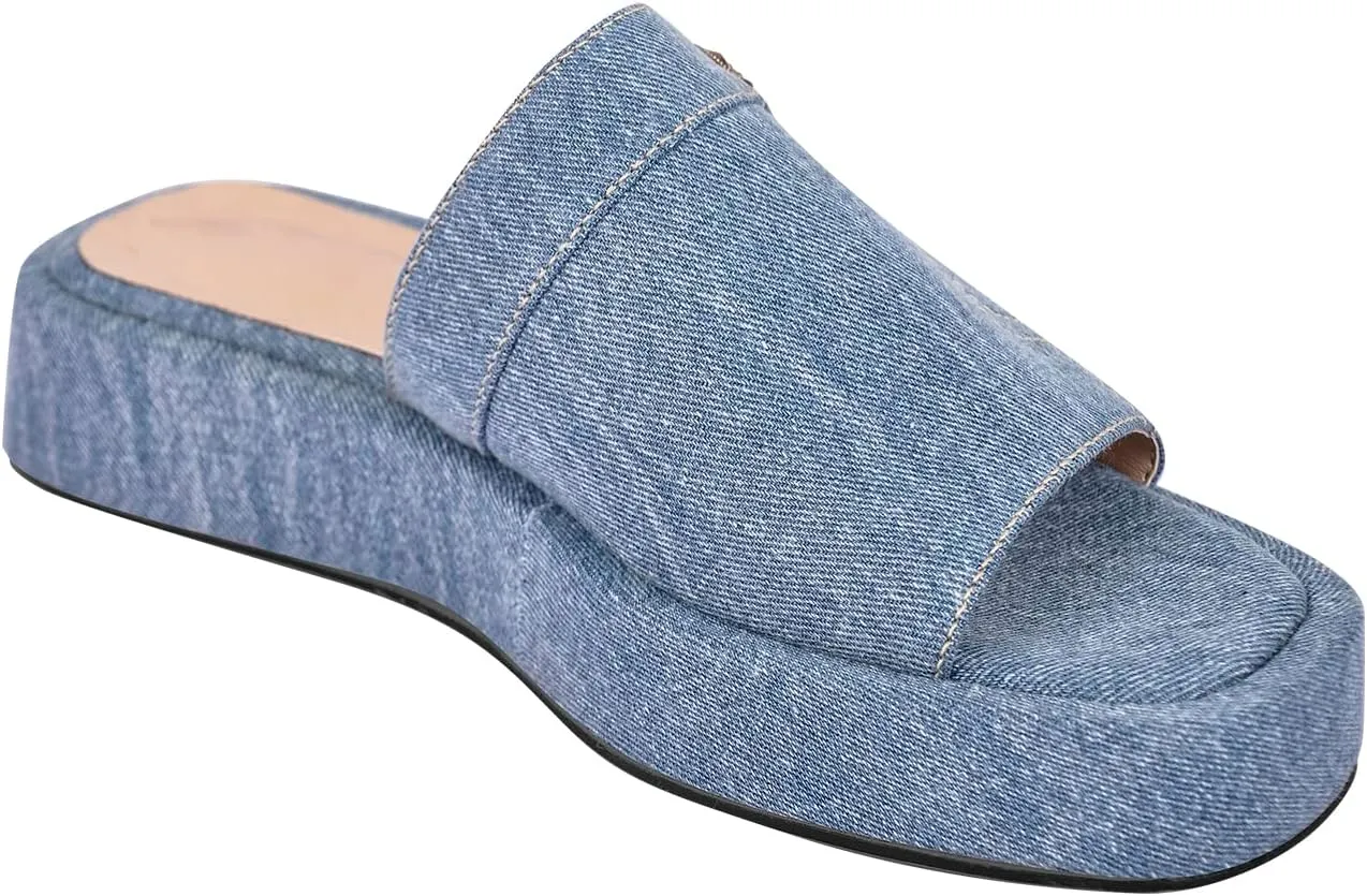 richealnini Slip On Slippers Comfort Low Platform Heels Open Square Toe Denim Slide Sandals Outside Dress Shoes