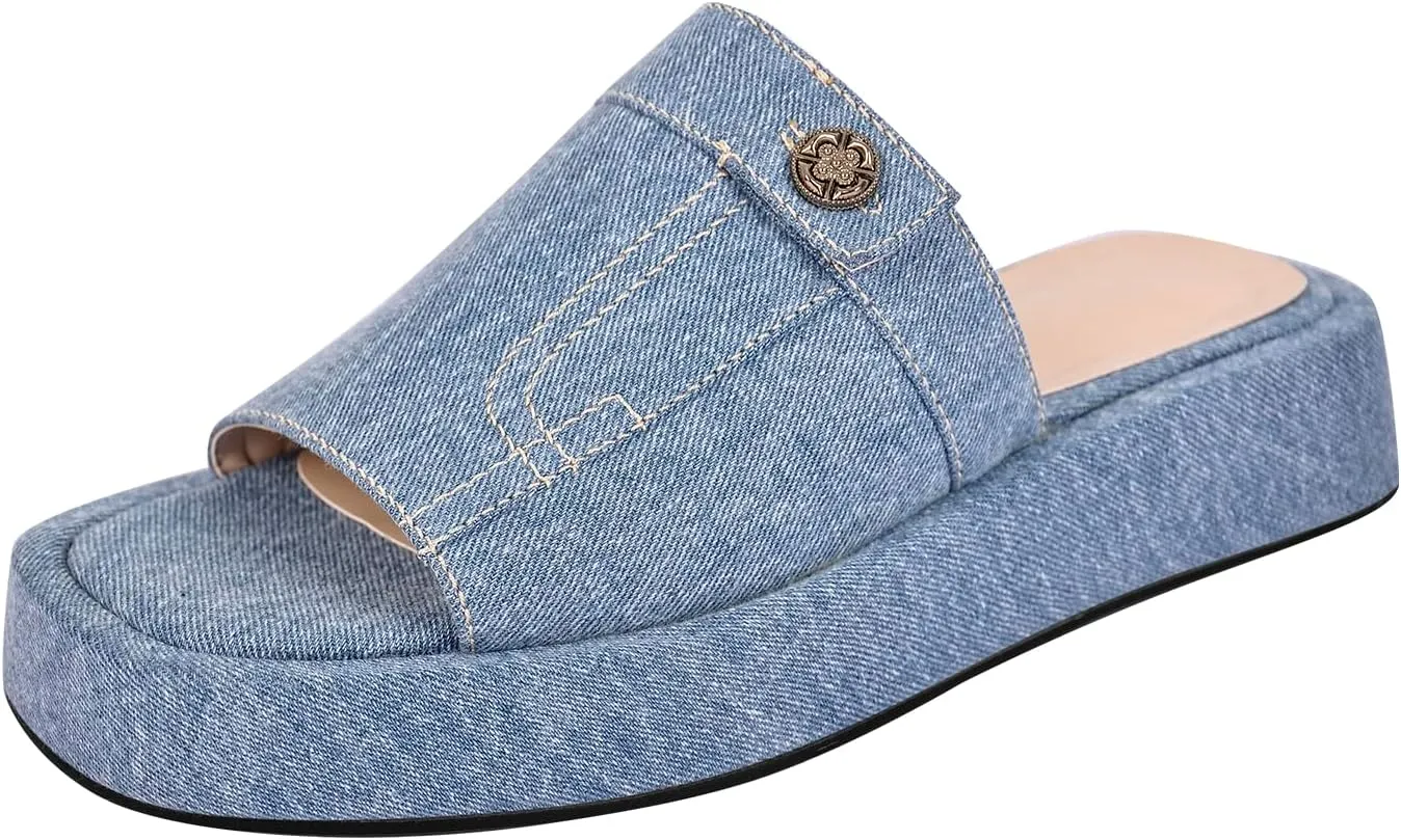 richealnini Slip On Slippers Comfort Low Platform Heels Open Square Toe Denim Slide Sandals Outside Dress Shoes