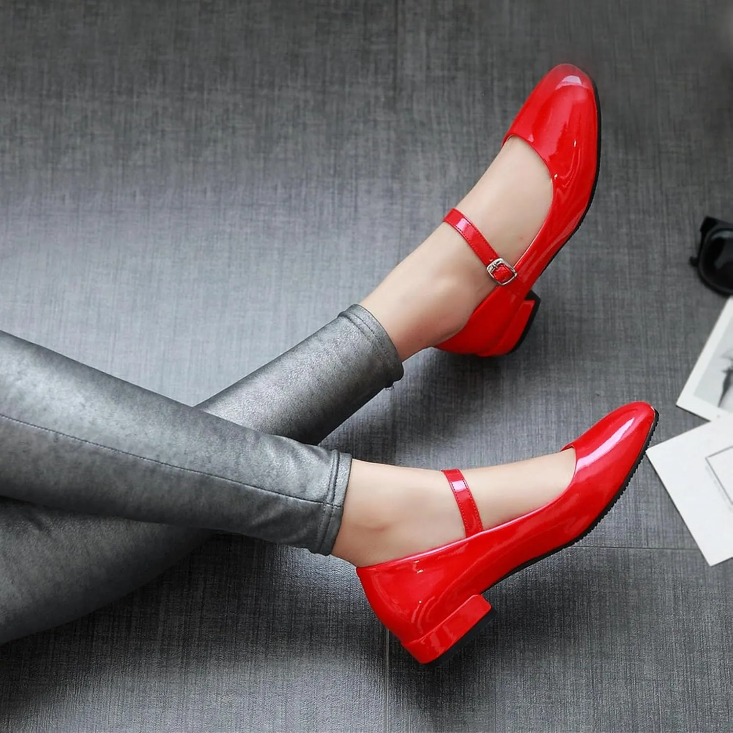 Round Toe Ankle Strap Mary Janes Flats Patent Leather Low Heels Pumps School Uniform Dress Shoes