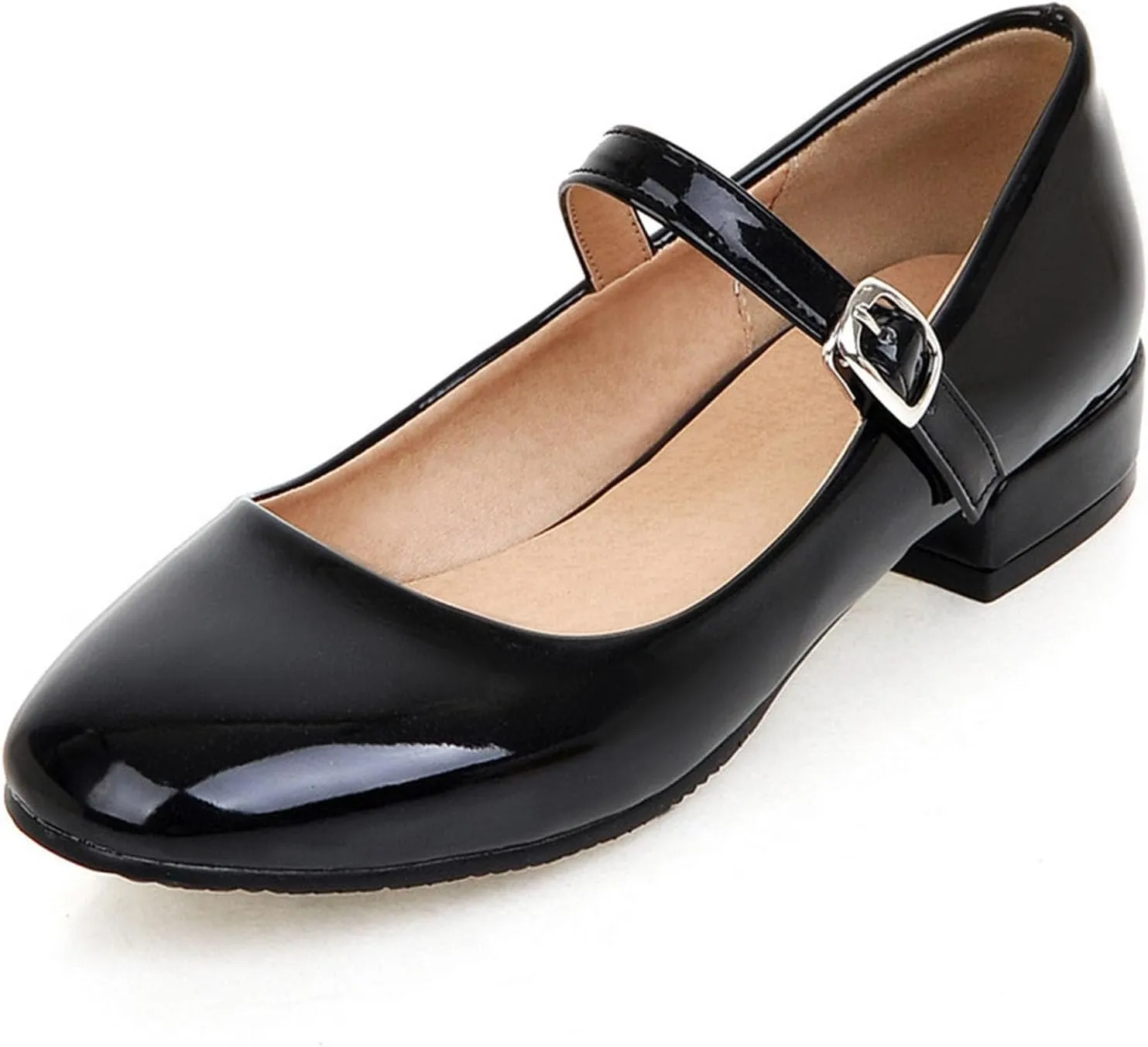 Round Toe Ankle Strap Mary Janes Flats Patent Leather Low Heels Pumps School Uniform Dress Shoes