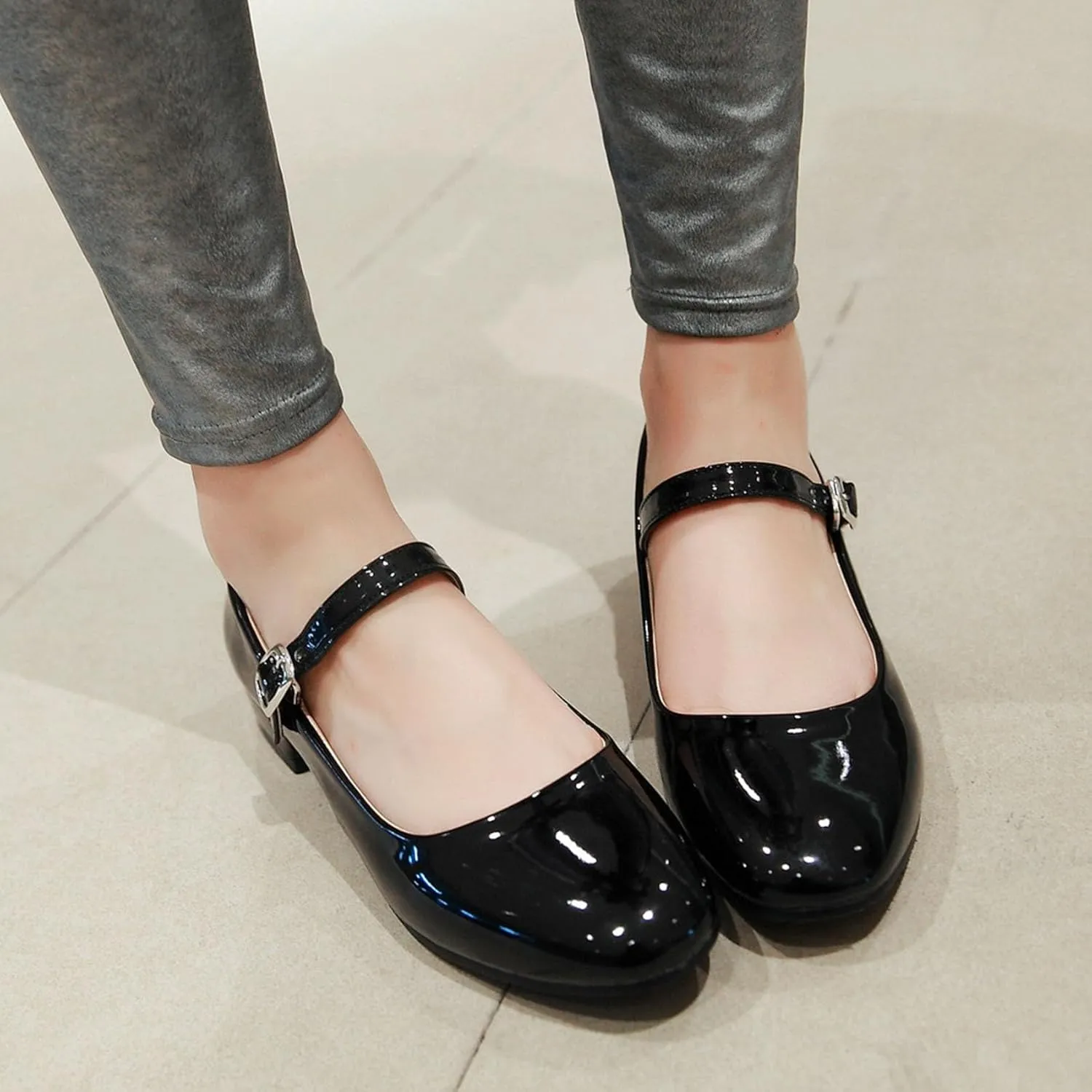 Round Toe Ankle Strap Mary Janes Flats Patent Leather Low Heels Pumps School Uniform Dress Shoes