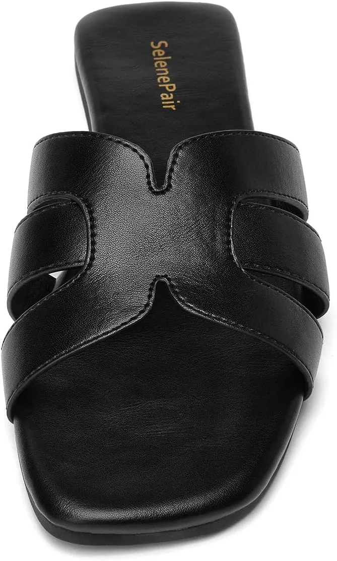 SelenePair Women's Fashion Flat Sandals Square Toe Slip On Dress Summer Slides