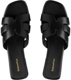 SelenePair Women's Fashion Flat Sandals Square Toe Slip On Dress Summer Slides