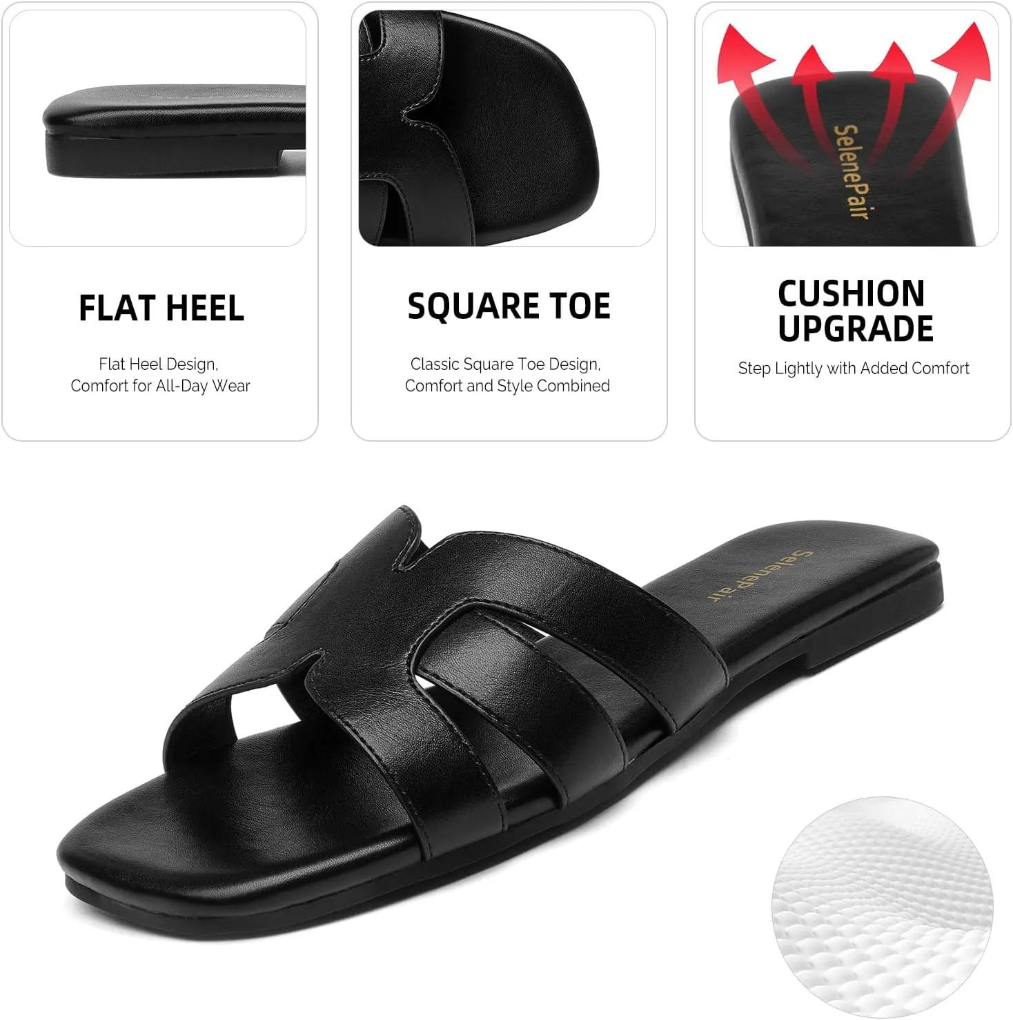 SelenePair Women's Fashion Flat Sandals Square Toe Slip On Dress Summer Slides