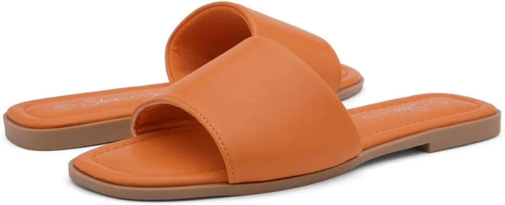 Shoe Land Women's Flat Sandals - Square Open Toe Single Band Fashion Slides with Metal Chain Dressy 2025 Trendy | Comfortable Slippers with Cushioned Footbed for Summer