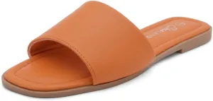 Shoe Land Women's Flat Sandals - Square Open Toe Single Band Fashion Slides with Metal Chain Dressy 2025 Trendy | Comfortable Slippers with Cushioned Footbed for Summer