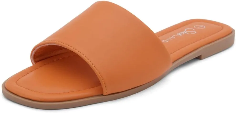 Shoe Land Women's Flat Sandals - Square Open Toe Single Band Fashion Slides with Metal Chain Dressy 2025 Trendy | Comfortable Slippers with Cushioned Footbed for Summer
