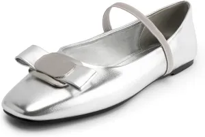 Silver Ballet Flats Shoes for Women,Square Toe Bow Elastic Band Mary Jane Flats,Slip on Elegance Casual Office Dressy Ballerina Shoes