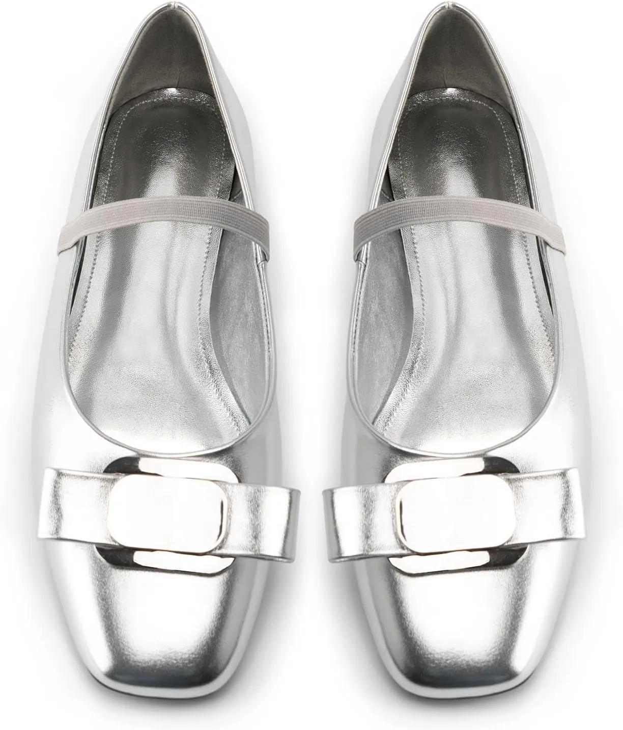 Silver Ballet Flats Shoes for Women,Square Toe Bow Elastic Band Mary Jane Flats,Slip on Elegance Casual Office Dressy Ballerina Shoes