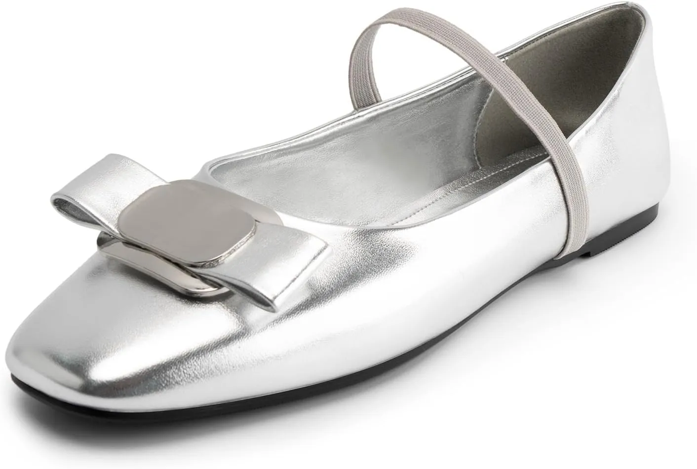 Silver Ballet Flats Shoes for Women,Square Toe Bow Elastic Band Mary Jane Flats,Slip on Elegance Casual Office Dressy Ballerina Shoes