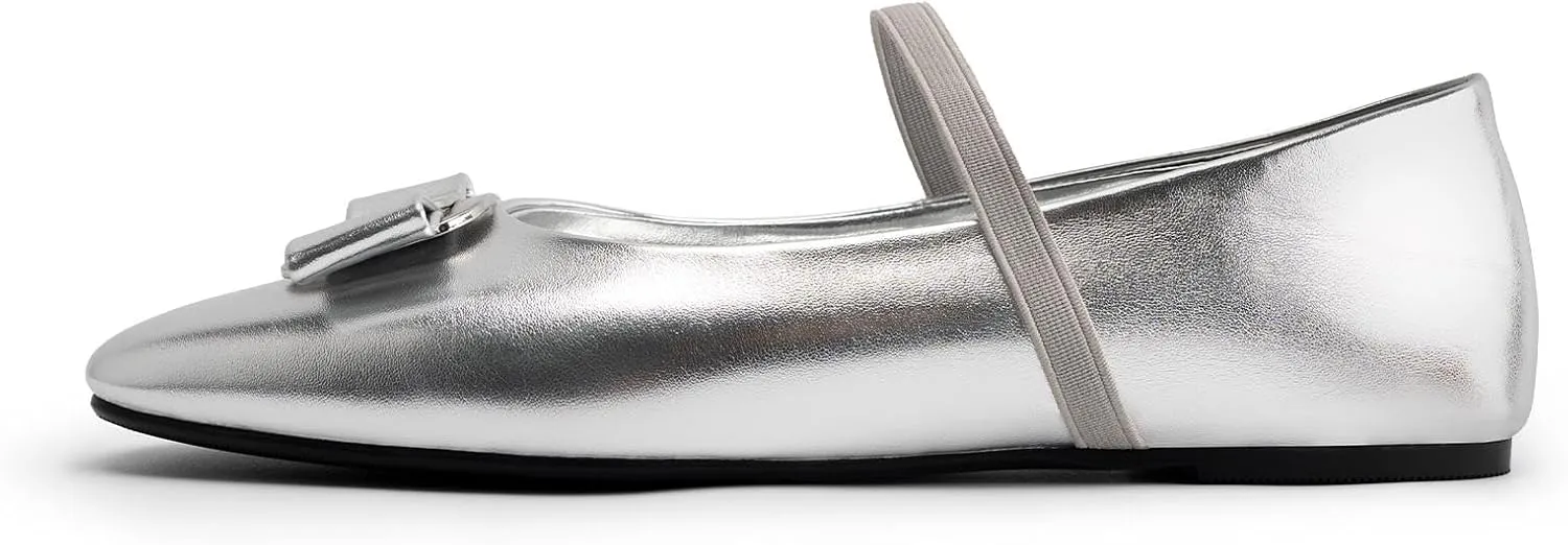 Silver Ballet Flats Shoes for Women,Square Toe Bow Elastic Band Mary Jane Flats,Slip on Elegance Casual Office Dressy Ballerina Shoes