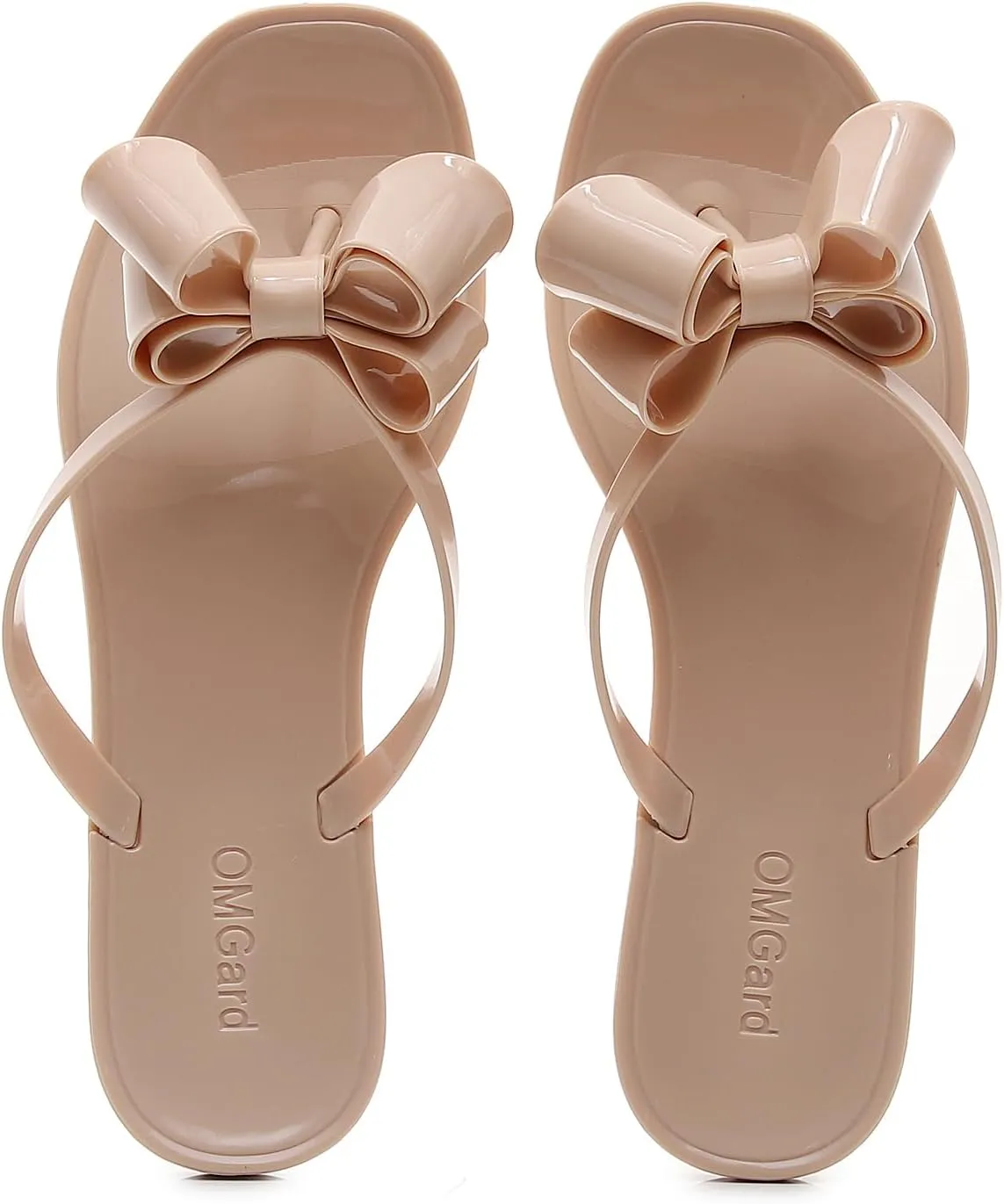 Studded Sandals for Women Bow Flip Flops Jelly Shoes Womens Beige Jellies Flat Summer Beach Thong Slides with Rivets Dressy Slippers Slip On