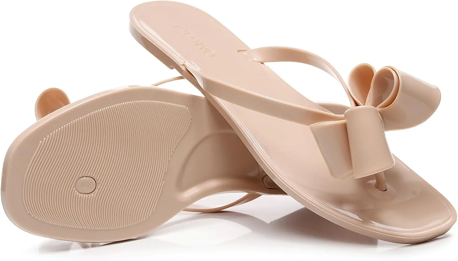 Studded Sandals for Women Bow Flip Flops Jelly Shoes Womens Beige Jellies Flat Summer Beach Thong Slides with Rivets Dressy Slippers Slip On