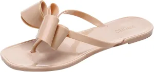Studded Sandals for Women Bow Flip Flops Jelly Shoes Womens Beige Jellies Flat Summer Beach Thong Slides with Rivets Dressy Slippers Slip On