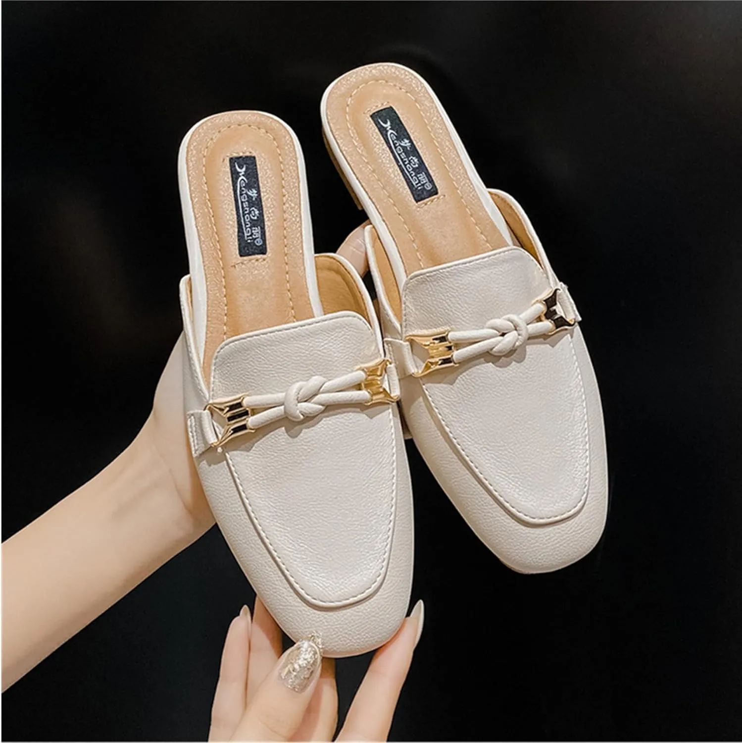 SywzX&xfybz Buckle Mules for Women Round Toe Slippers Backless Flat Mules Slides Mules Shoes Ladies Slip-on Loafers