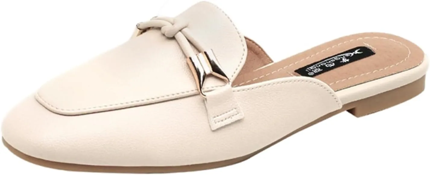 SywzX&xfybz Buckle Mules for Women Round Toe Slippers Backless Flat Mules Slides Mules Shoes Ladies Slip-on Loafers