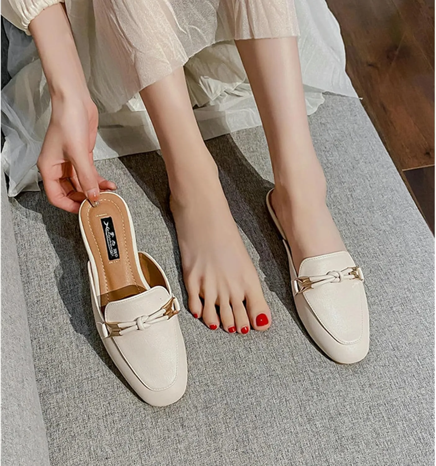 SywzX&xfybz Buckle Mules for Women Round Toe Slippers Backless Flat Mules Slides Mules Shoes Ladies Slip-on Loafers