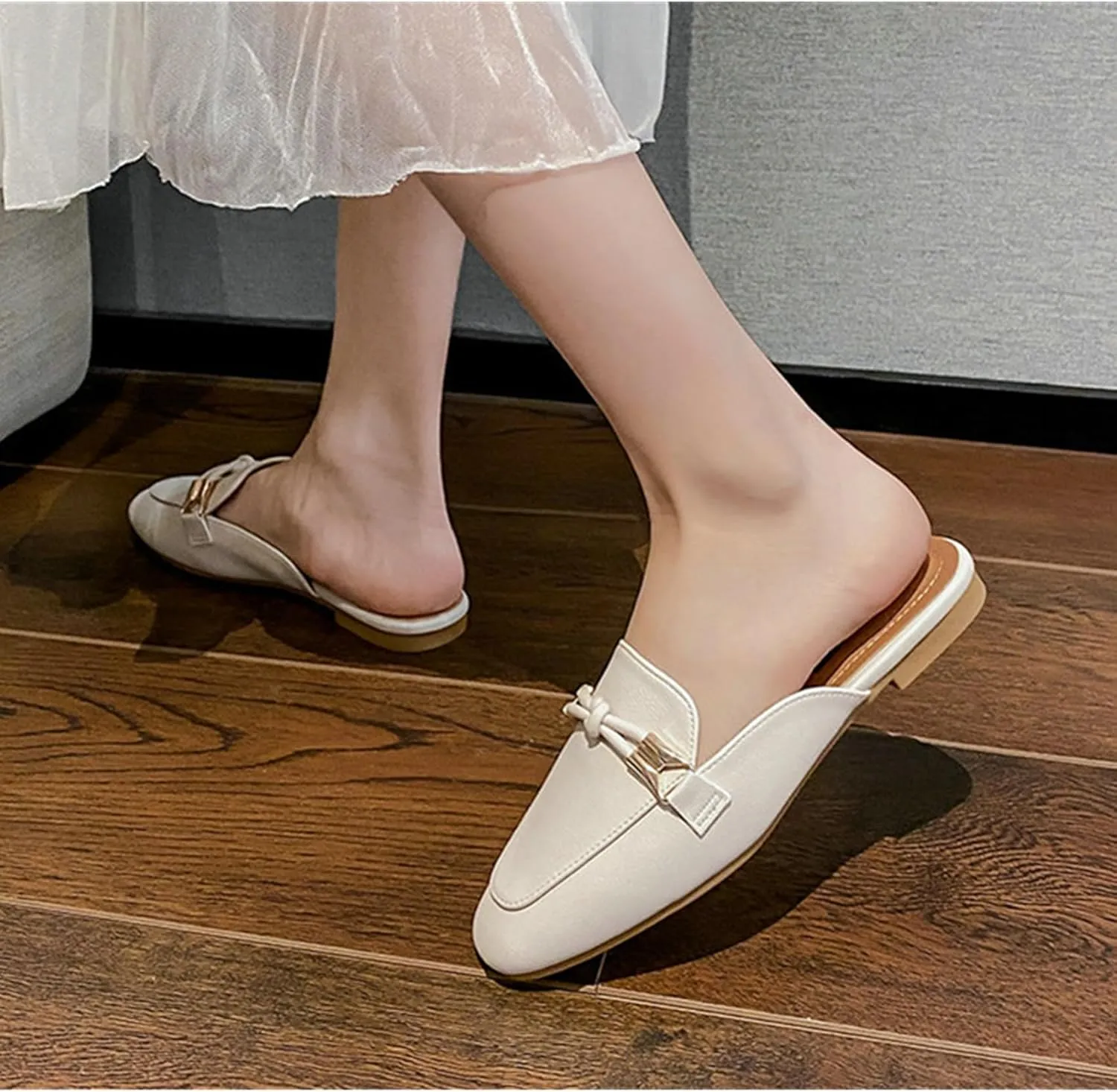 SywzX&xfybz Buckle Mules for Women Round Toe Slippers Backless Flat Mules Slides Mules Shoes Ladies Slip-on Loafers
