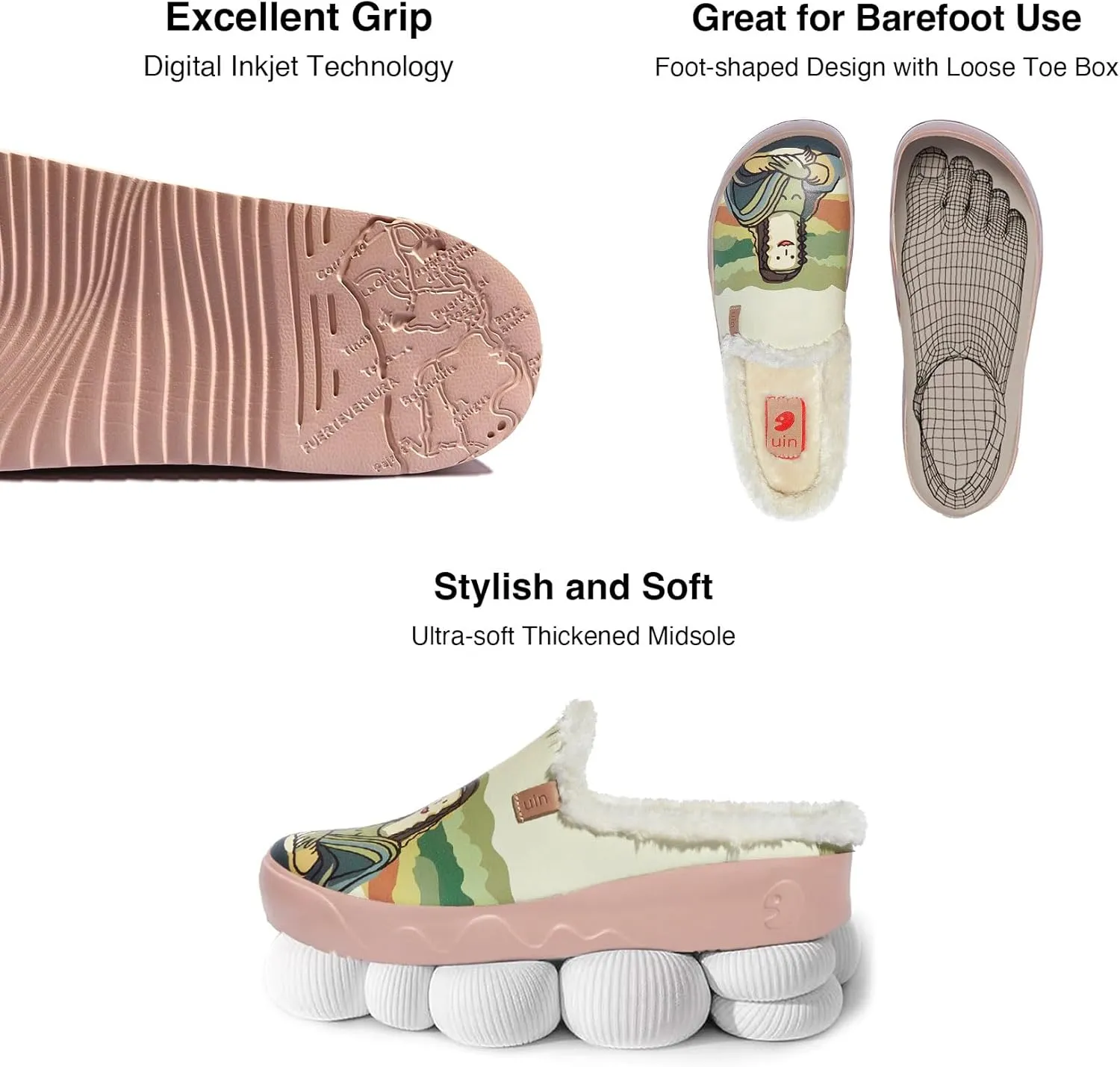 UIN Women's Mules Fashion Comfort Travel Art Painted Chunky Shoes Wide Toe Casual Household Slippers Slip On Loafers