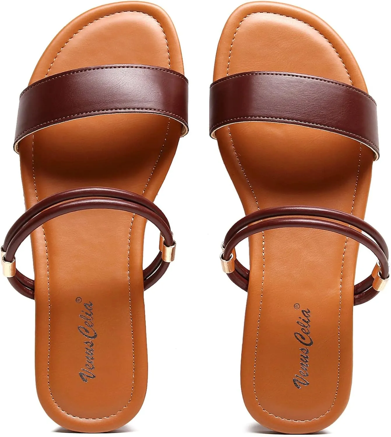 VenusCelia Women's Double Straps Wide Flat Sandal