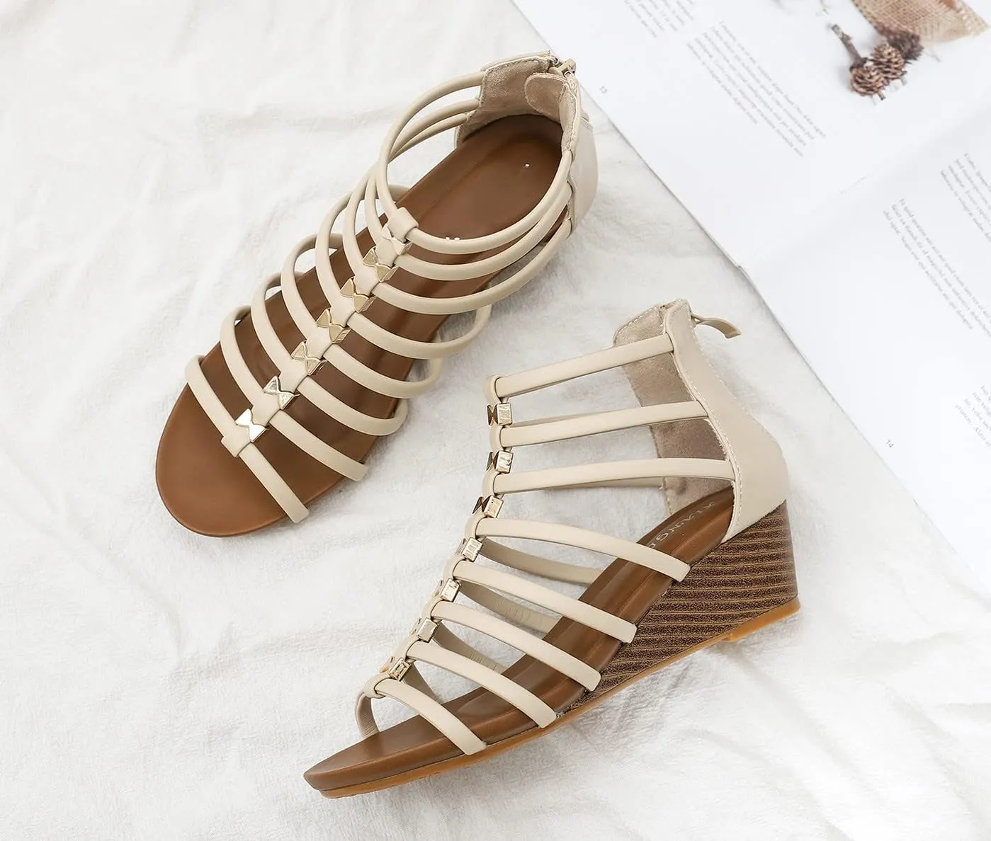 Wedge Sandals for Women Womens Summer Shoes with Zipper Strappy Heels Roman Flat Sandal for Casual Vacation Wedding