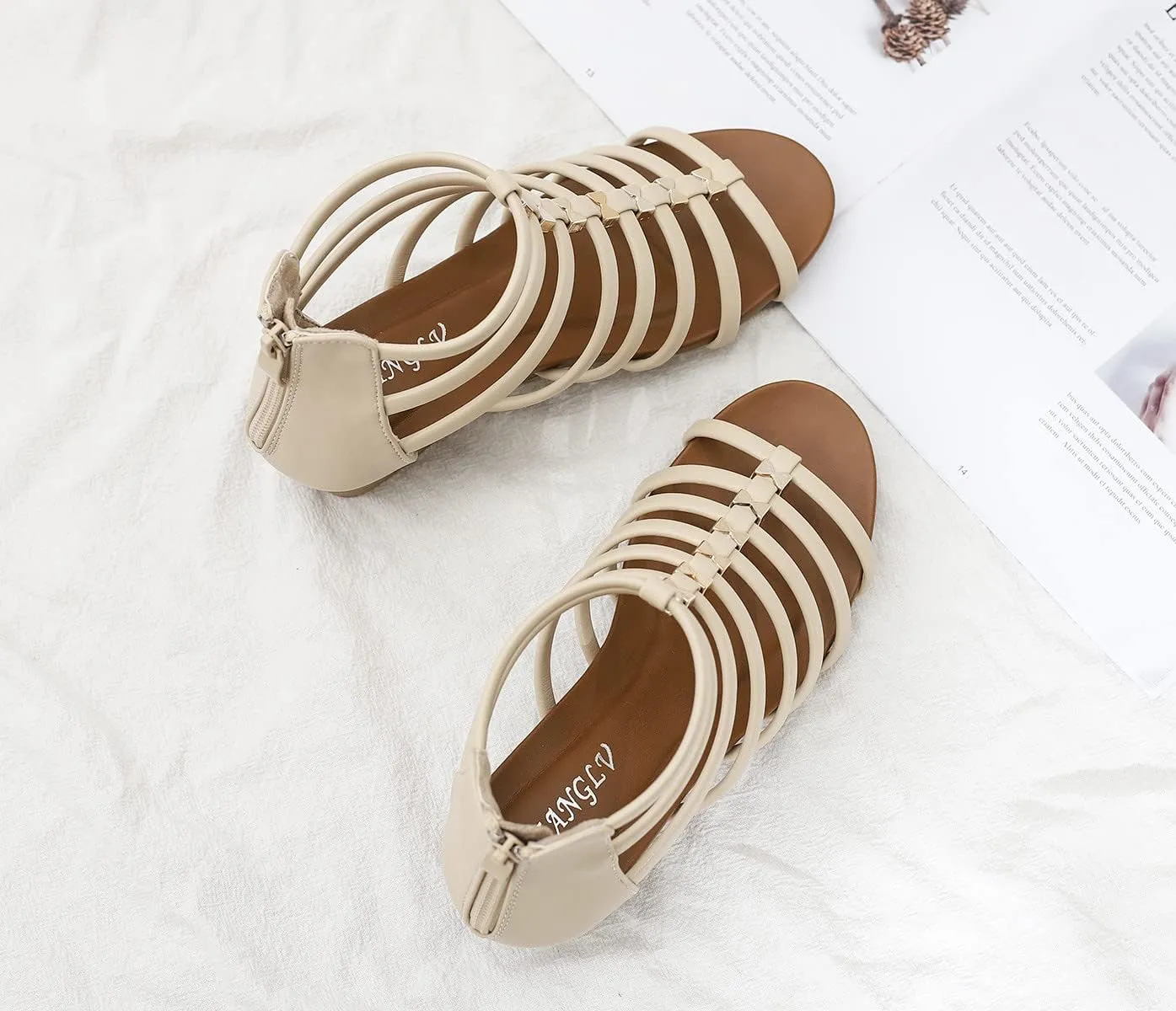 Wedge Sandals for Women Womens Summer Shoes with Zipper Strappy Heels Roman Flat Sandal for Casual Vacation Wedding