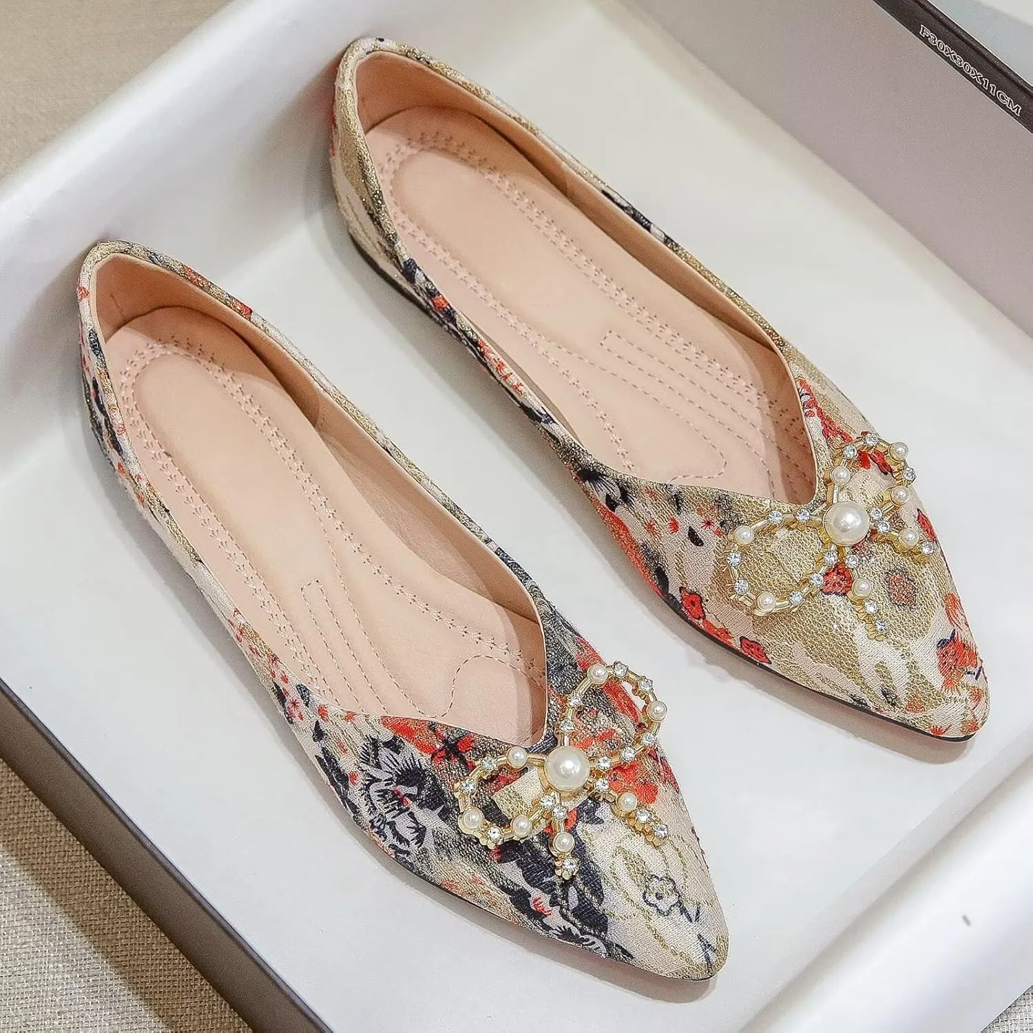 WENJIAZHIZHI Womens Pointed Toe Bow Flats Elegant Floral Print Slip-ons Comfortable Dress Shoes for Party Wedding