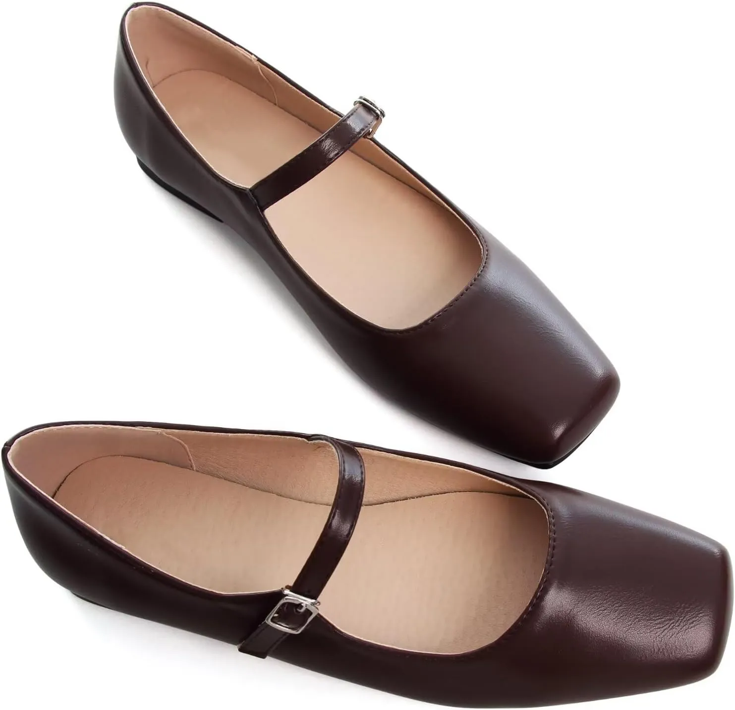 WENJIAZHIZHI Womens Squared Toe Mary Janes Adjustable Buckle Ballet Flats Solid Color Elegant Office Lady Low-Heels Wedding Dressy Shoes
