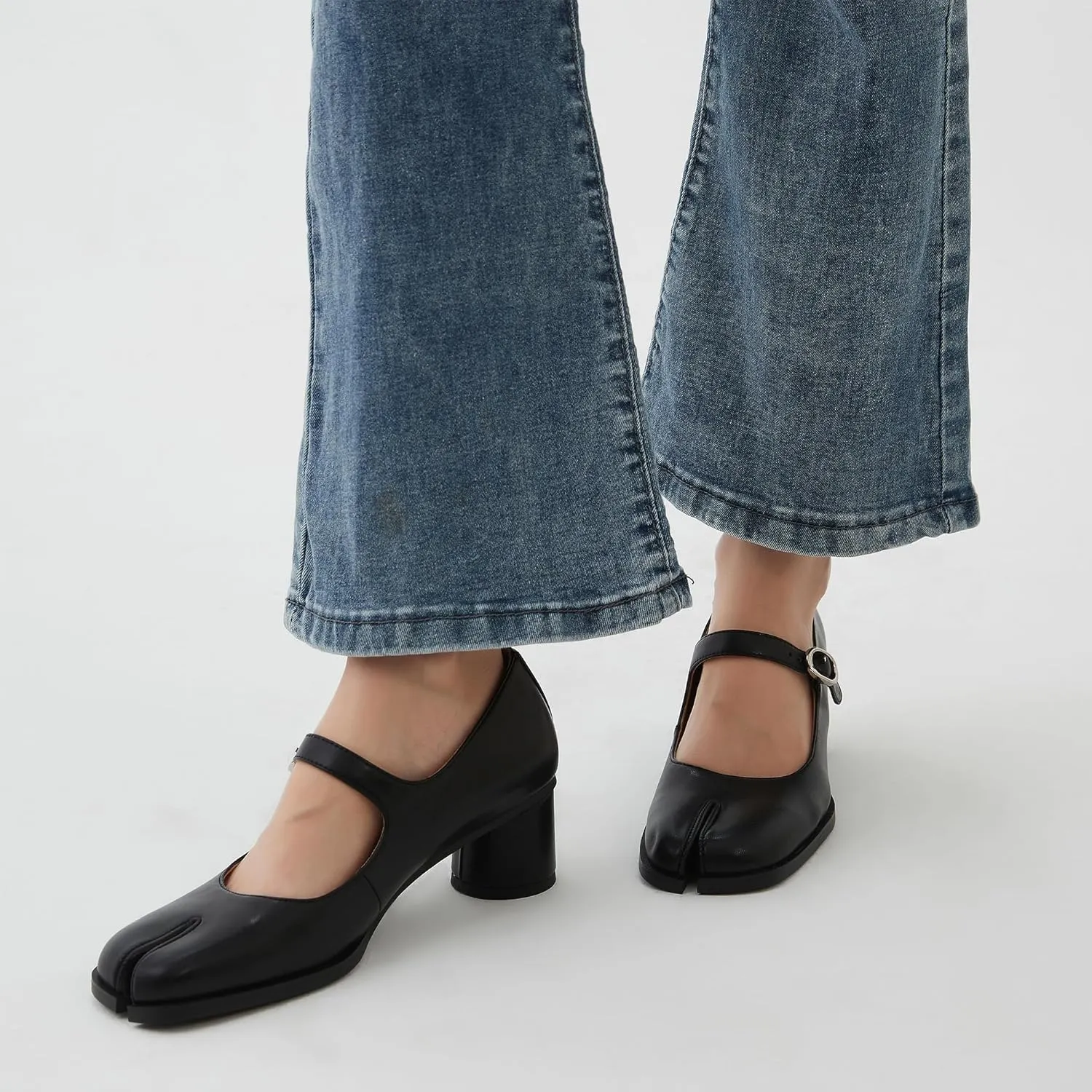 Women Chunky Block High Heels Mary Janes Shoes Split Toe Tabi Shoes Ankle Strap Dress Pumps Shoes