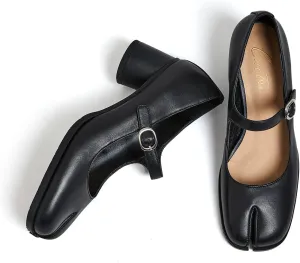 Women Chunky Block High Heels Mary Janes Shoes Split Toe Tabi Shoes Ankle Strap Dress Pumps Shoes