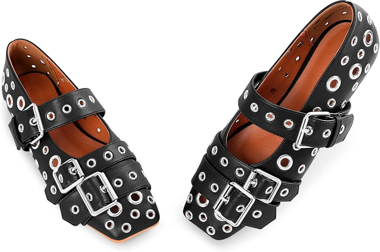 Women's Buckle Strap Ballet Flats Metal Grommet Studded Mary Jane Shoes