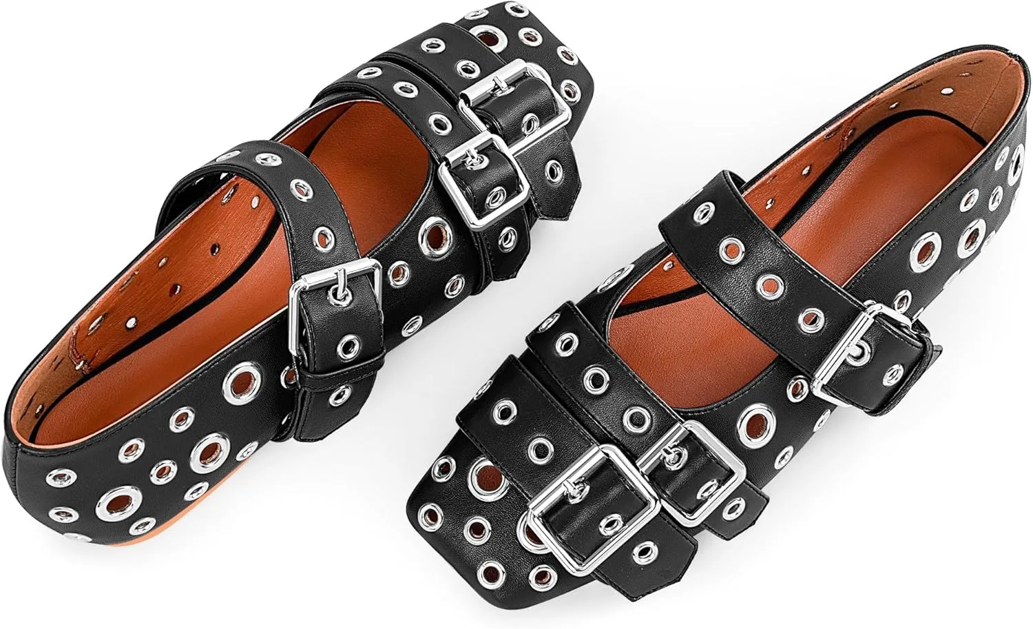 Women's Buckle Strap Ballet Flats Metal Grommet Studded Mary Jane Shoes