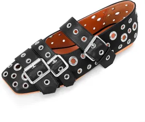 Women's Buckle Strap Ballet Flats Metal Grommet Studded Mary Jane Shoes
