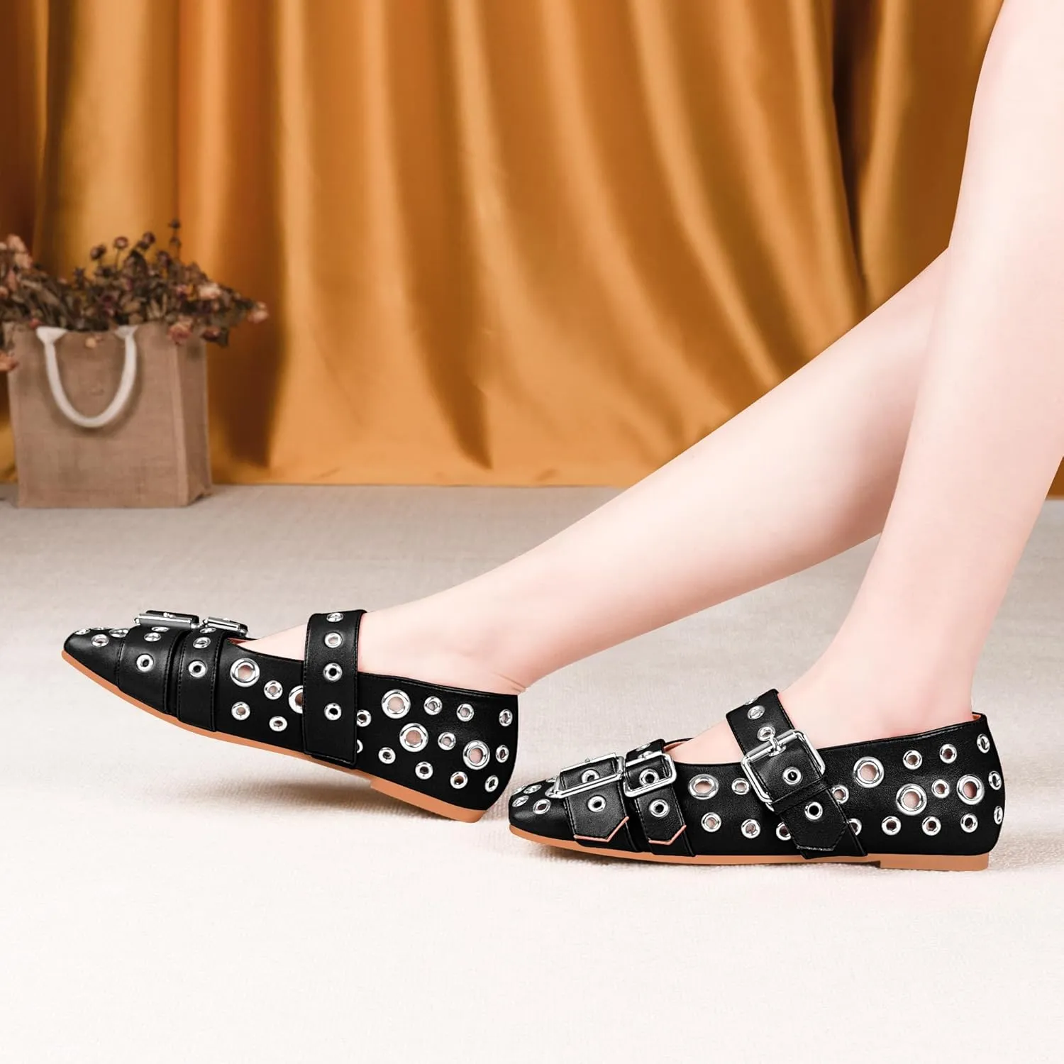Women's Buckle Strap Ballet Flats Metal Grommet Studded Mary Jane Shoes