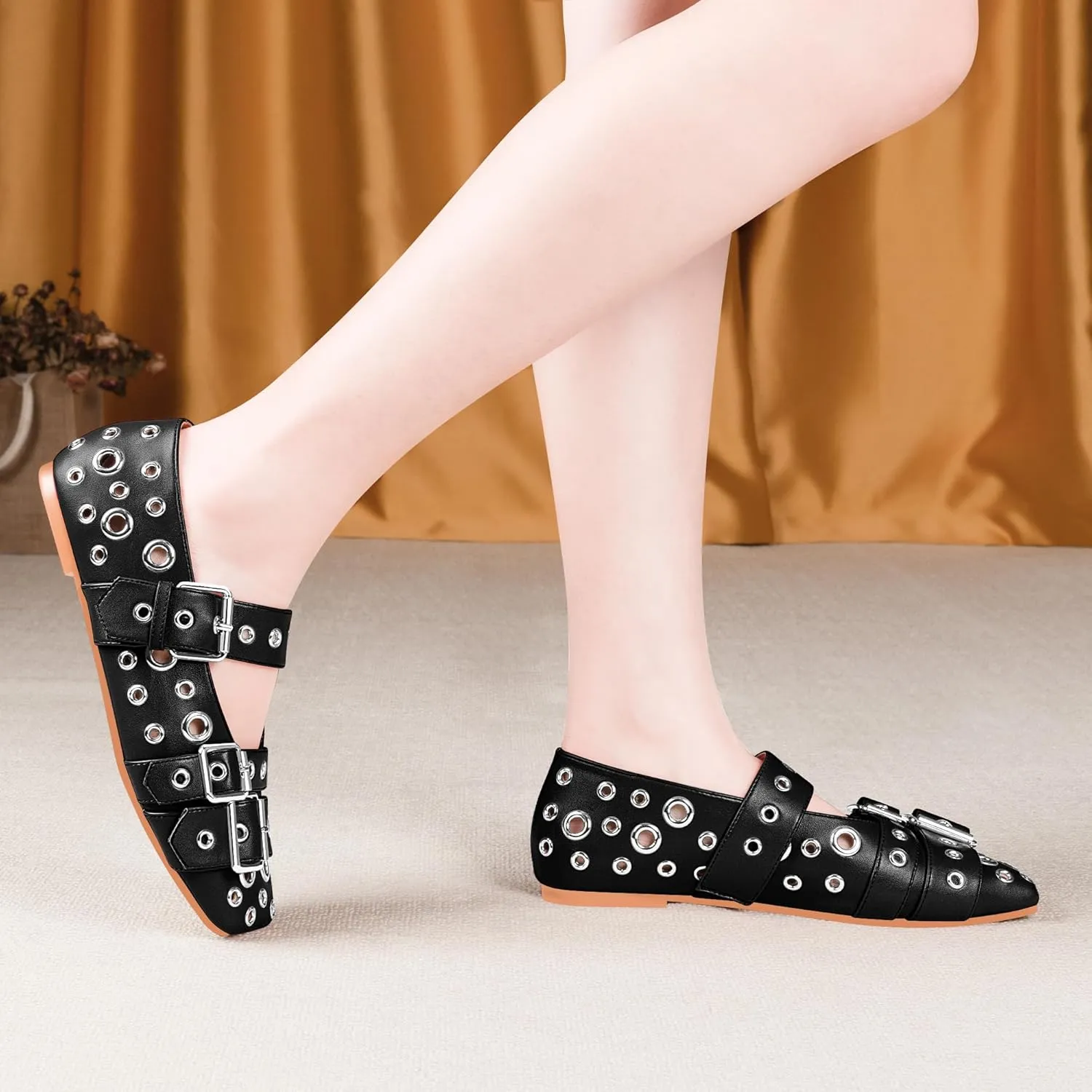 Women's Buckle Strap Ballet Flats Metal Grommet Studded Mary Jane Shoes