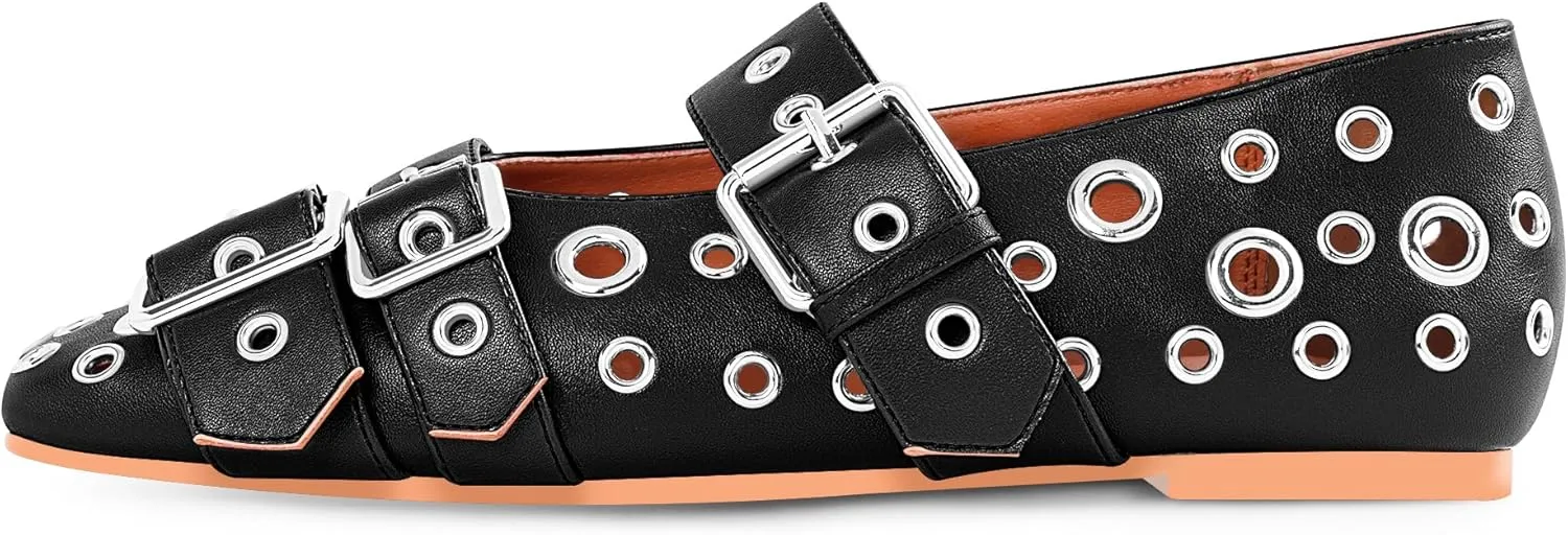 Women's Buckle Strap Ballet Flats Metal Grommet Studded Mary Jane Shoes