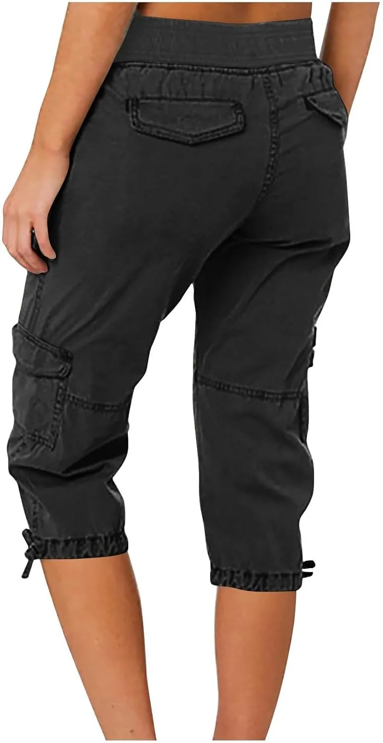 Womens Cargo Capris Pants Summer Casual Drawstring Low Waisted Hiking Jogger Outdoor Athletic 3/4 Trousers Pockets