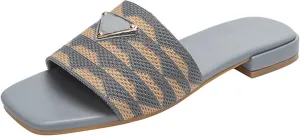 Women's Embroidered Slides Square Open Toe Sandals Casual Beach Flats Sandals