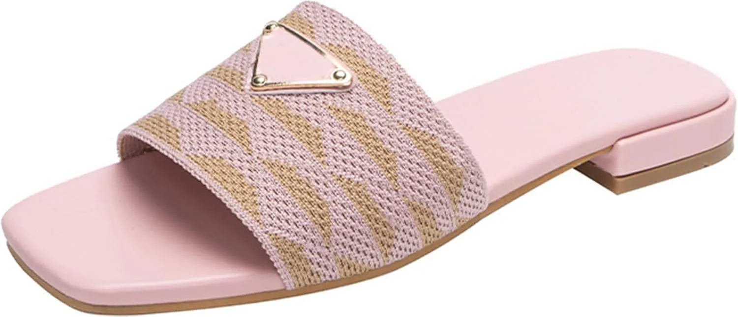 Women's Embroidered Slides Square Open Toe Sandals Casual Beach Flats Sandals
