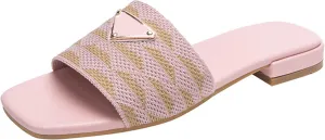 Women's Embroidered Slides Square Open Toe Sandals Casual Beach Flats Sandals