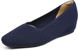 Women's Knit Square Toe Flats Casual Comfortable Slip On Soft Bottom Internal Height Increase Dress Shoes for Daily Work Walking Flat Shoes