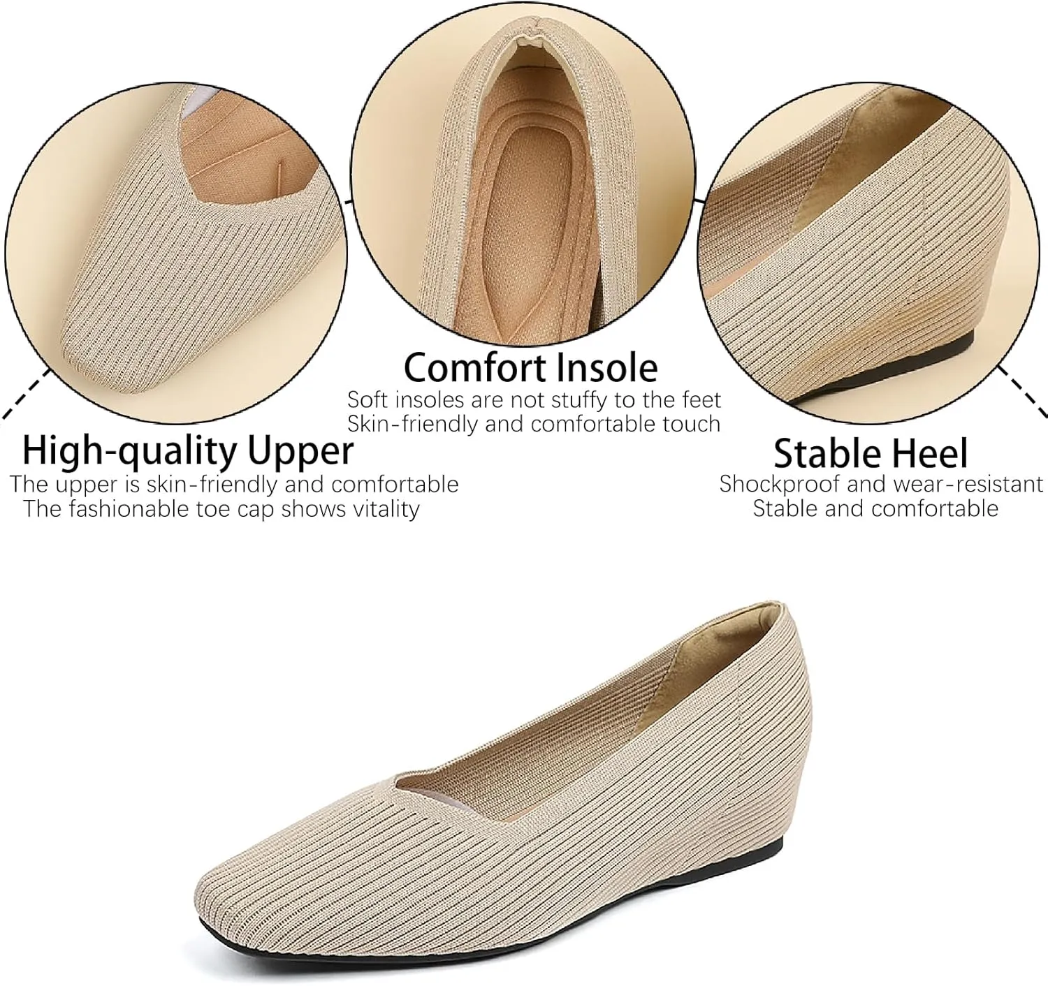 Women's Knit Square Toe Flats Casual Comfortable Slip On Soft Bottom Internal Height Increase Dress Shoes for Daily Work Walking Flat Shoes