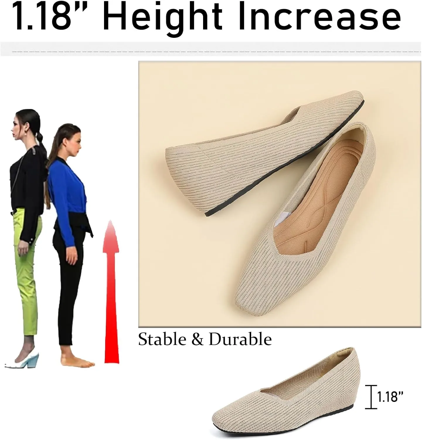 Women's Knit Square Toe Flats Casual Comfortable Slip On Soft Bottom Internal Height Increase Dress Shoes for Daily Work Walking Flat Shoes