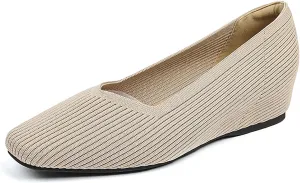 Women's Knit Square Toe Flats Casual Comfortable Slip On Soft Bottom Internal Height Increase Dress Shoes for Daily Work Walking Flat Shoes