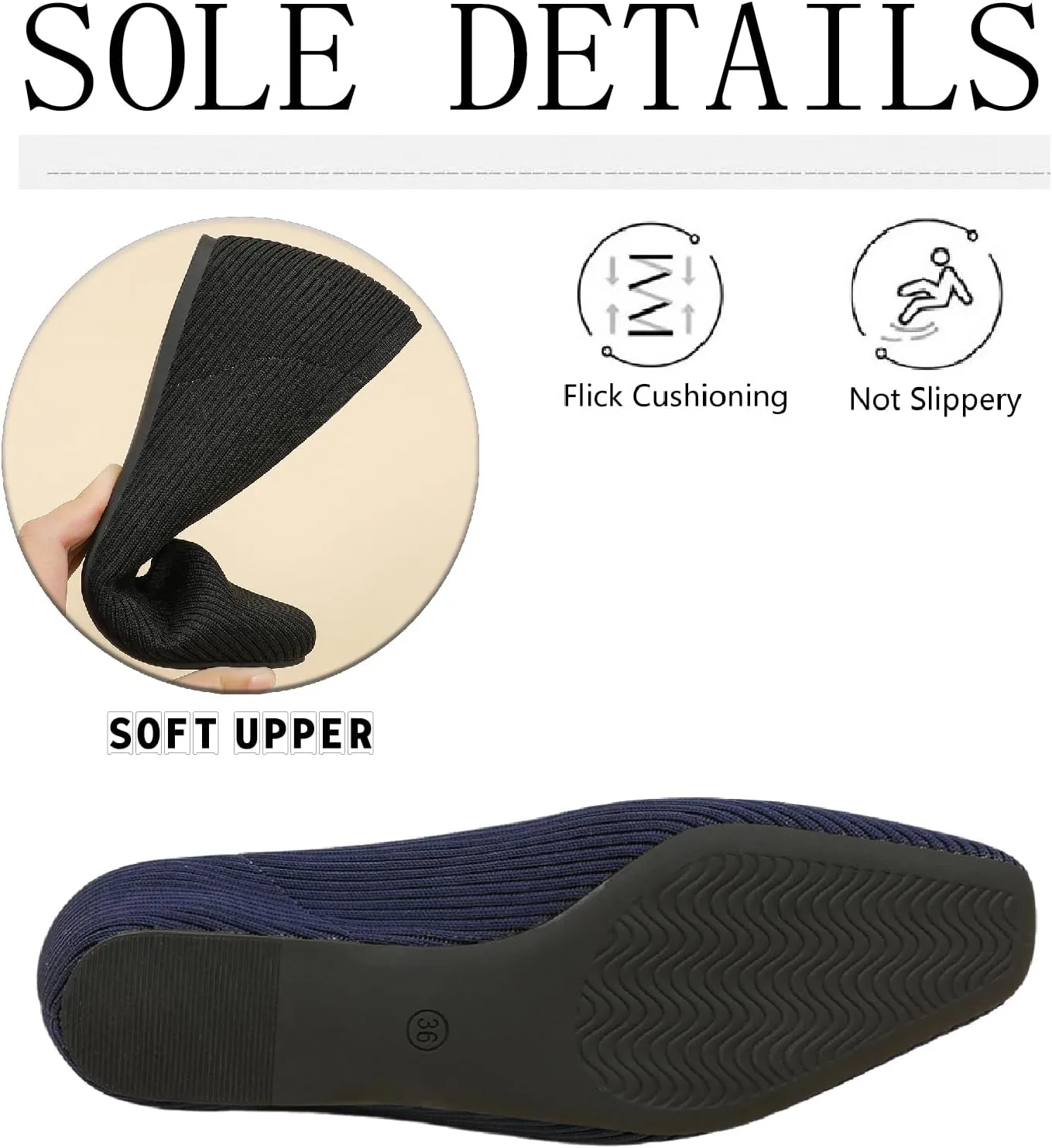Women's Knit Square Toe Flats Casual Comfortable Slip On Soft Bottom Internal Height Increase Dress Shoes for Daily Work Walking Flat Shoes