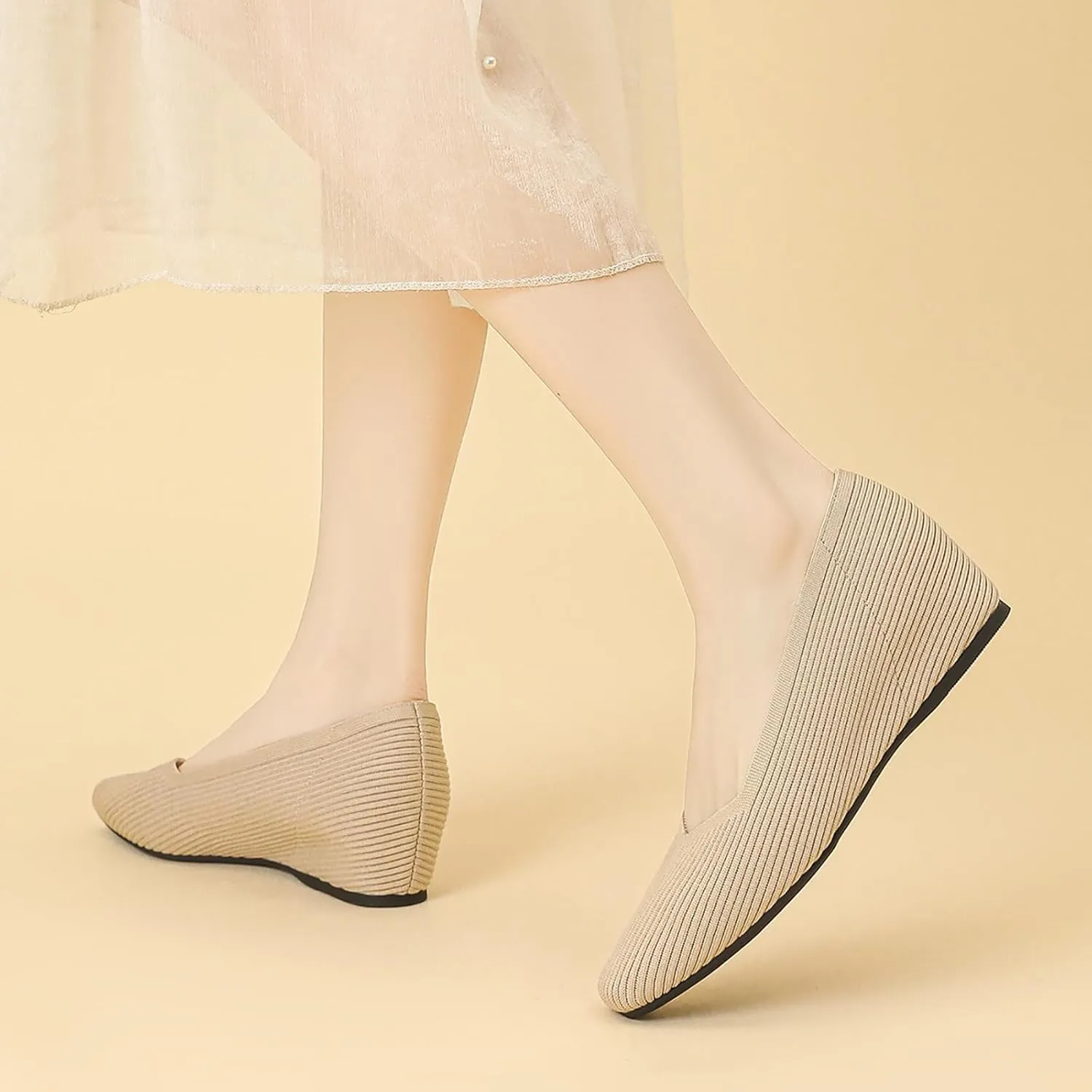 Women's Knit Square Toe Flats Casual Comfortable Slip On Soft Bottom Internal Height Increase Dress Shoes for Daily Work Walking Flat Shoes