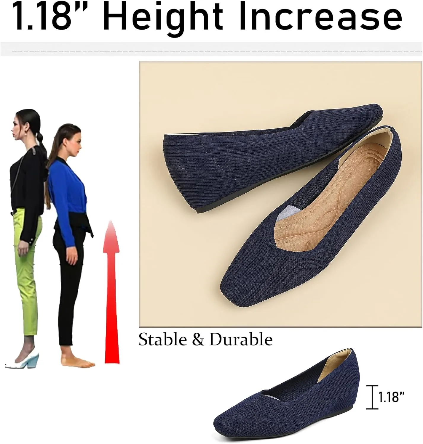 Women's Knit Square Toe Flats Casual Comfortable Slip On Soft Bottom Internal Height Increase Dress Shoes for Daily Work Walking Flat Shoes
