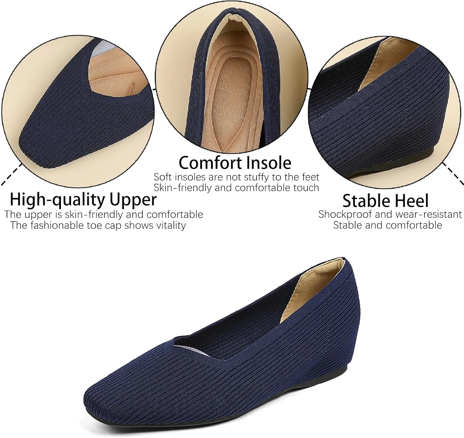 Women's Knit Square Toe Flats Casual Comfortable Slip On Soft Bottom Internal Height Increase Dress Shoes for Daily Work Walking Flat Shoes